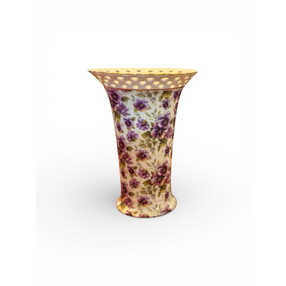 Baum Brothers Formalities Porcelain Vase with Purple Pansy Pattern. 8" in tall